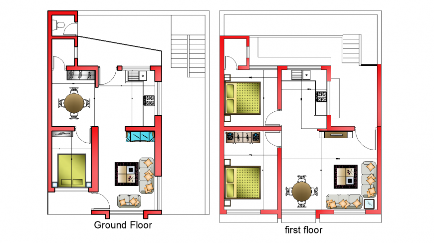 Ground floor and first floor interior layout plan drawing in dwg AutoCAD file.
